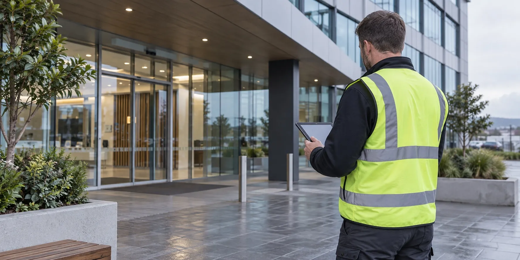 Illustration of a high-visibility-vested inspector checking a tablet outside a commercial building.