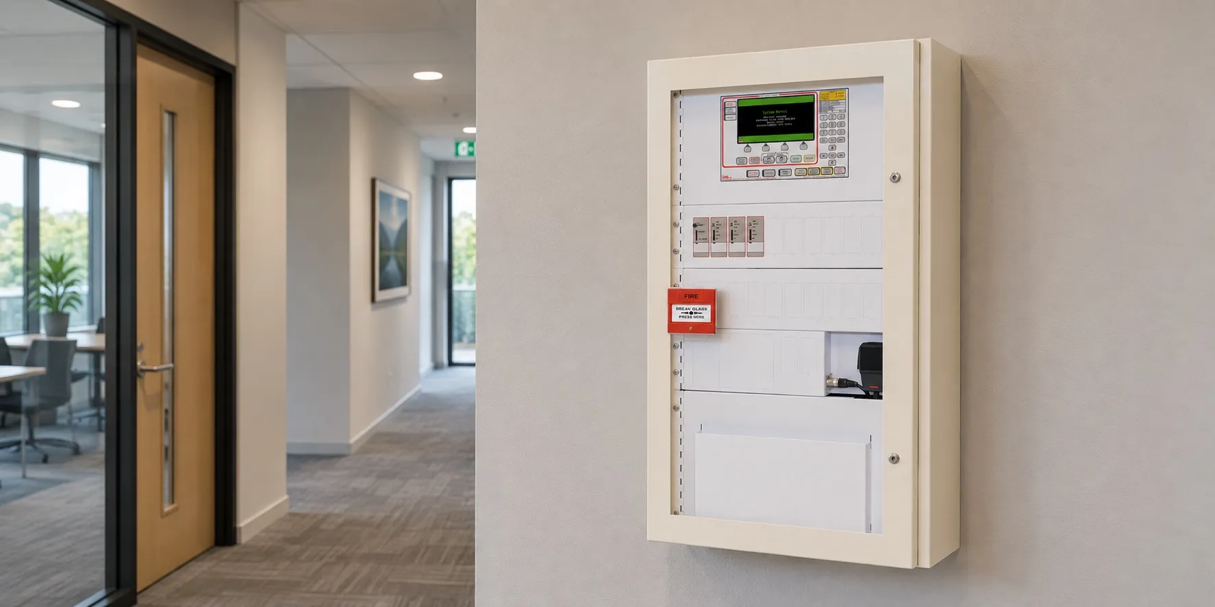 Illustration of a white fire alarm control cabinet mounted on a wall in a commercial corridor.
