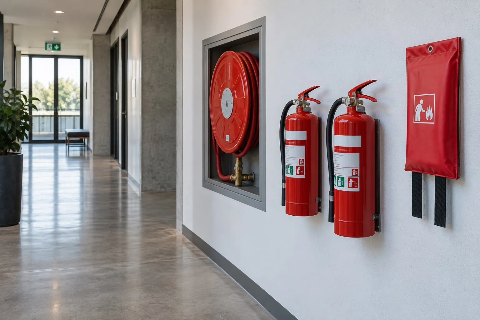 Illustration of a commercial corridor with a hose reel, two wall-mounted fire extinguishers and a fire blanket.