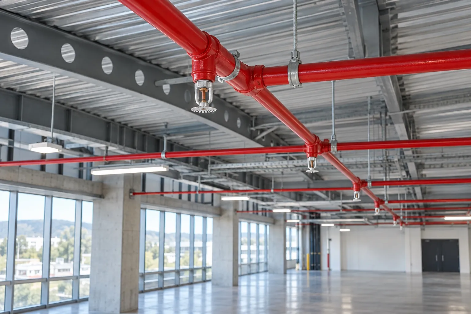 Illustration of red fire sprinkler pipework and pendant sprinkler heads beneath a commercial ceiling.